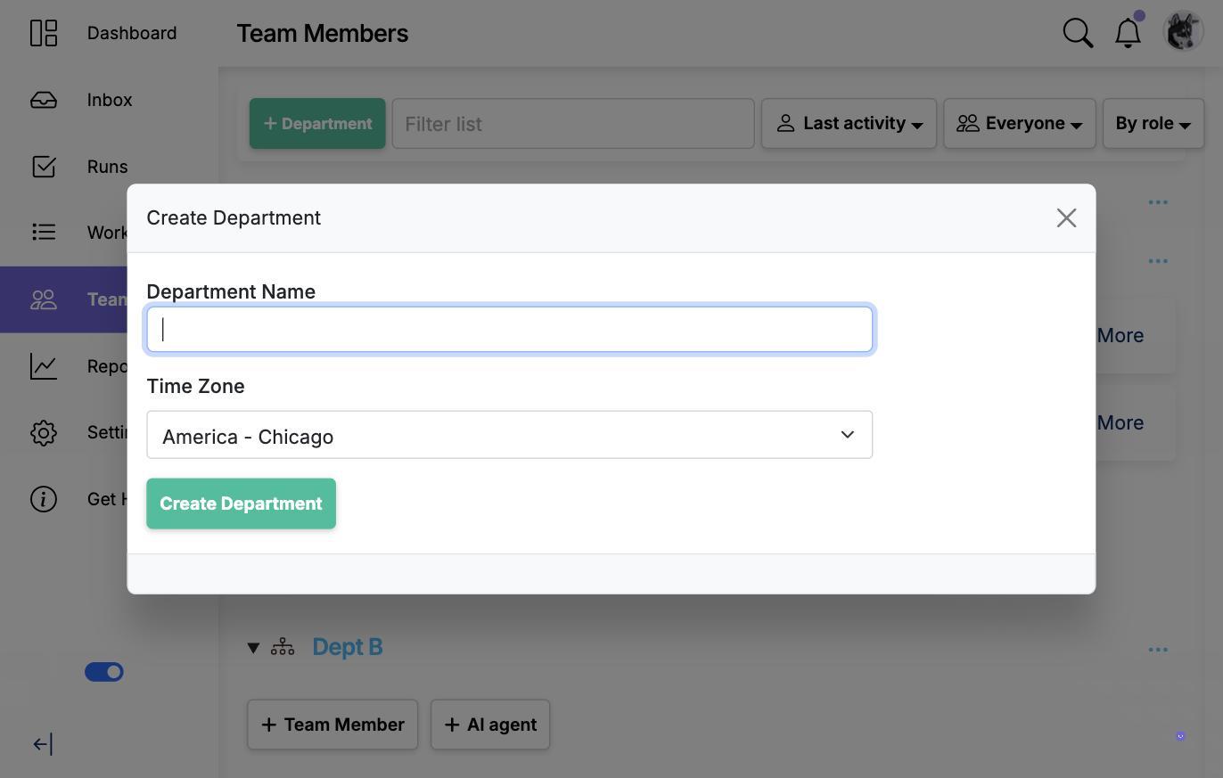The Create Department dialog with a Department Name field, a Time Zone dropdown and the Create Department button