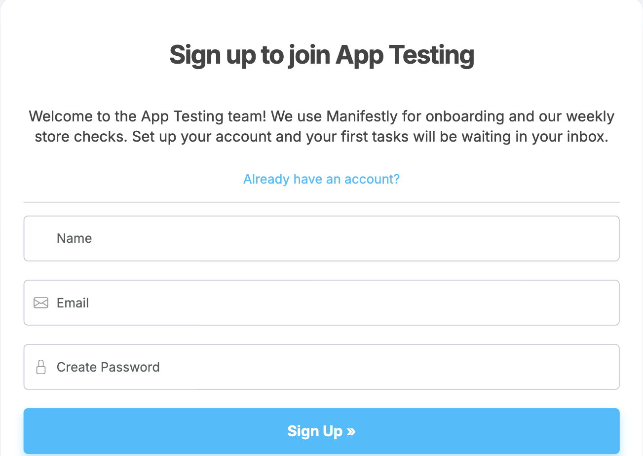 The public signup page for a department: the Sign up to join heading, the signup message, and the name, email and password fields