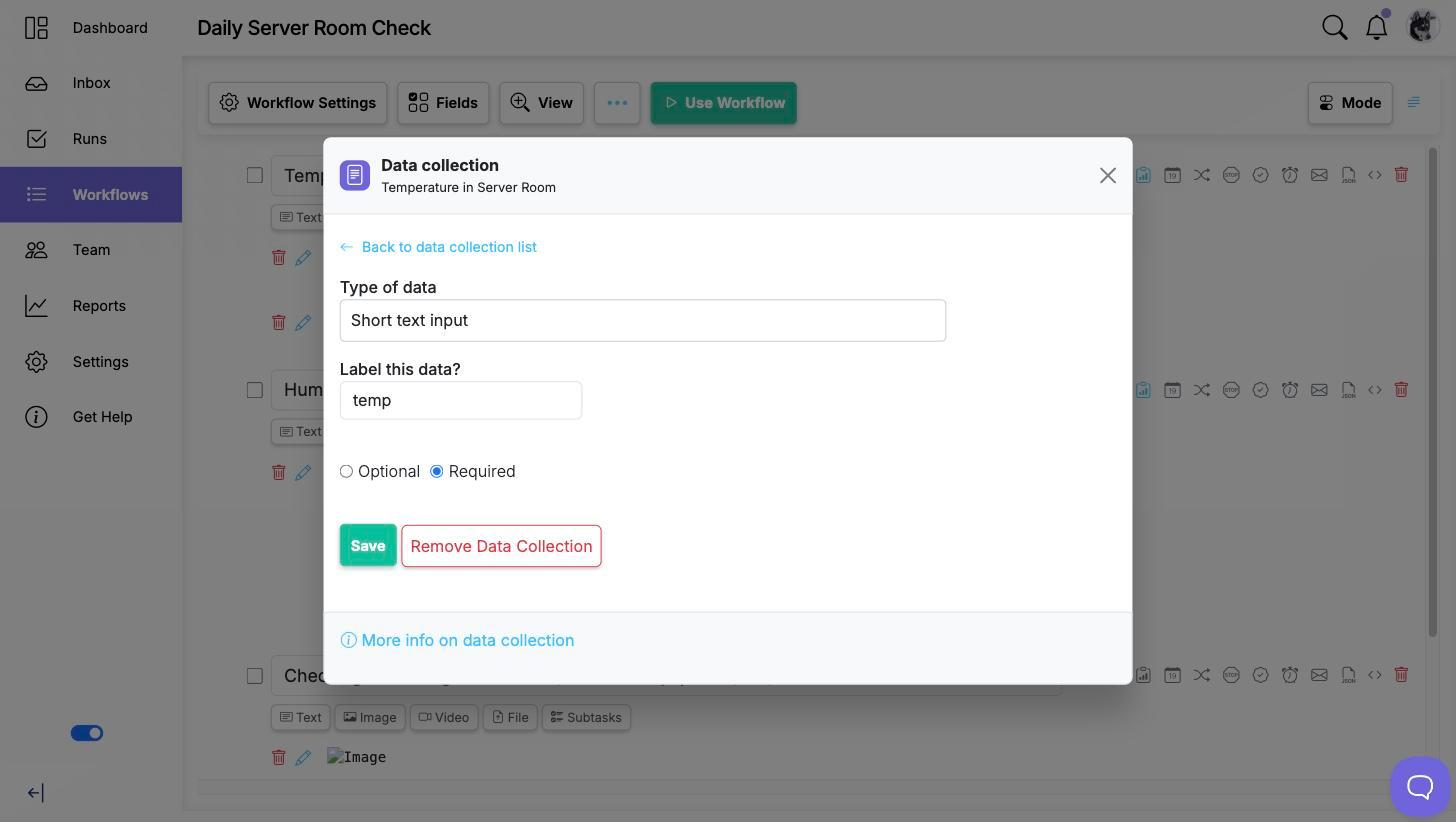 The Data collection panel for a step, showing the Type of data dropdown, the Label this data field, and the Optional and Required choices