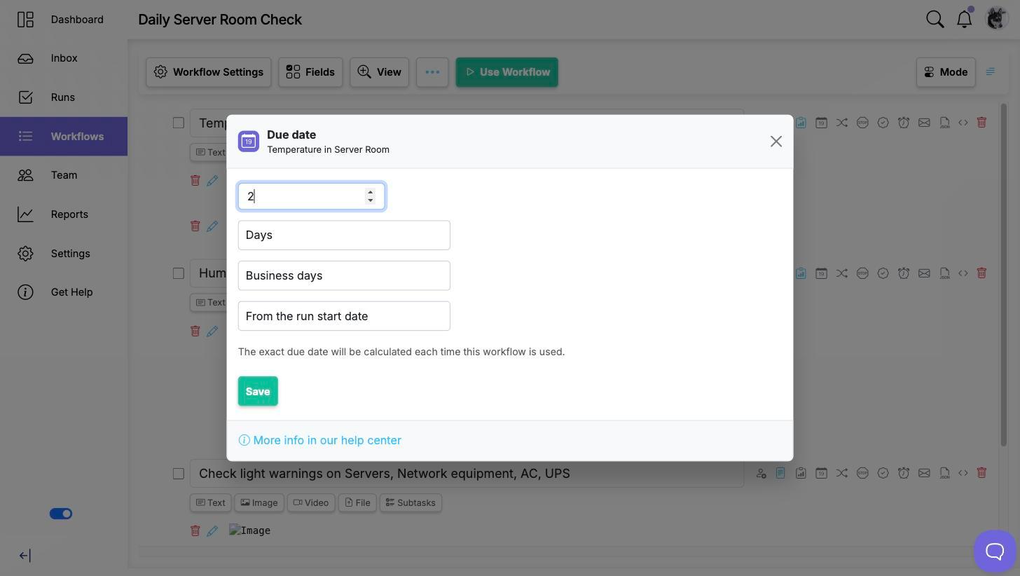 The Due date dialog for a workflow step set to 2 Days, Business days, From the run start date