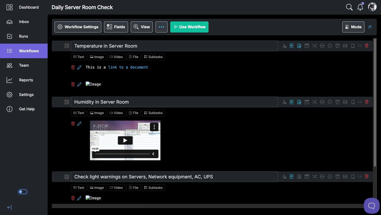 The workflow editor in dark mode, with the theme toggle switch at the bottom of the left navigation