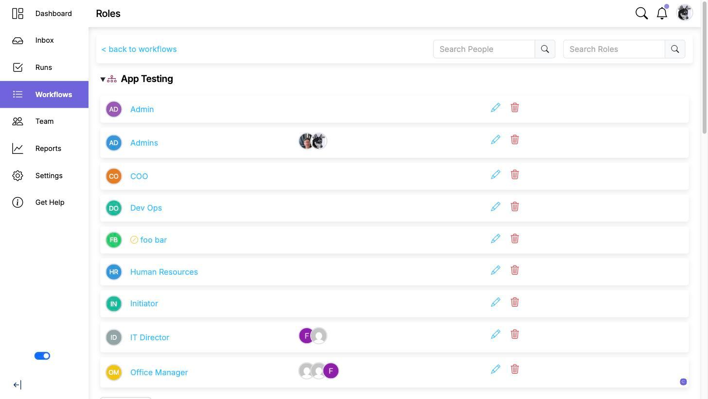 The Roles page listing a department with its roles, each with a colored avatar and the people in it, plus Search People and Search Roles boxes