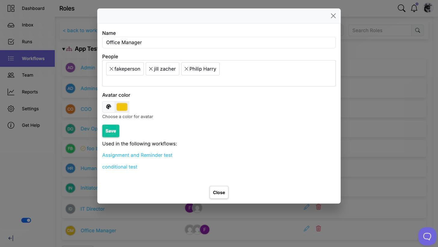 The role dialog for Office Manager showing Name, three people under People, an Avatar color picker, and a list of the workflows the role is used in