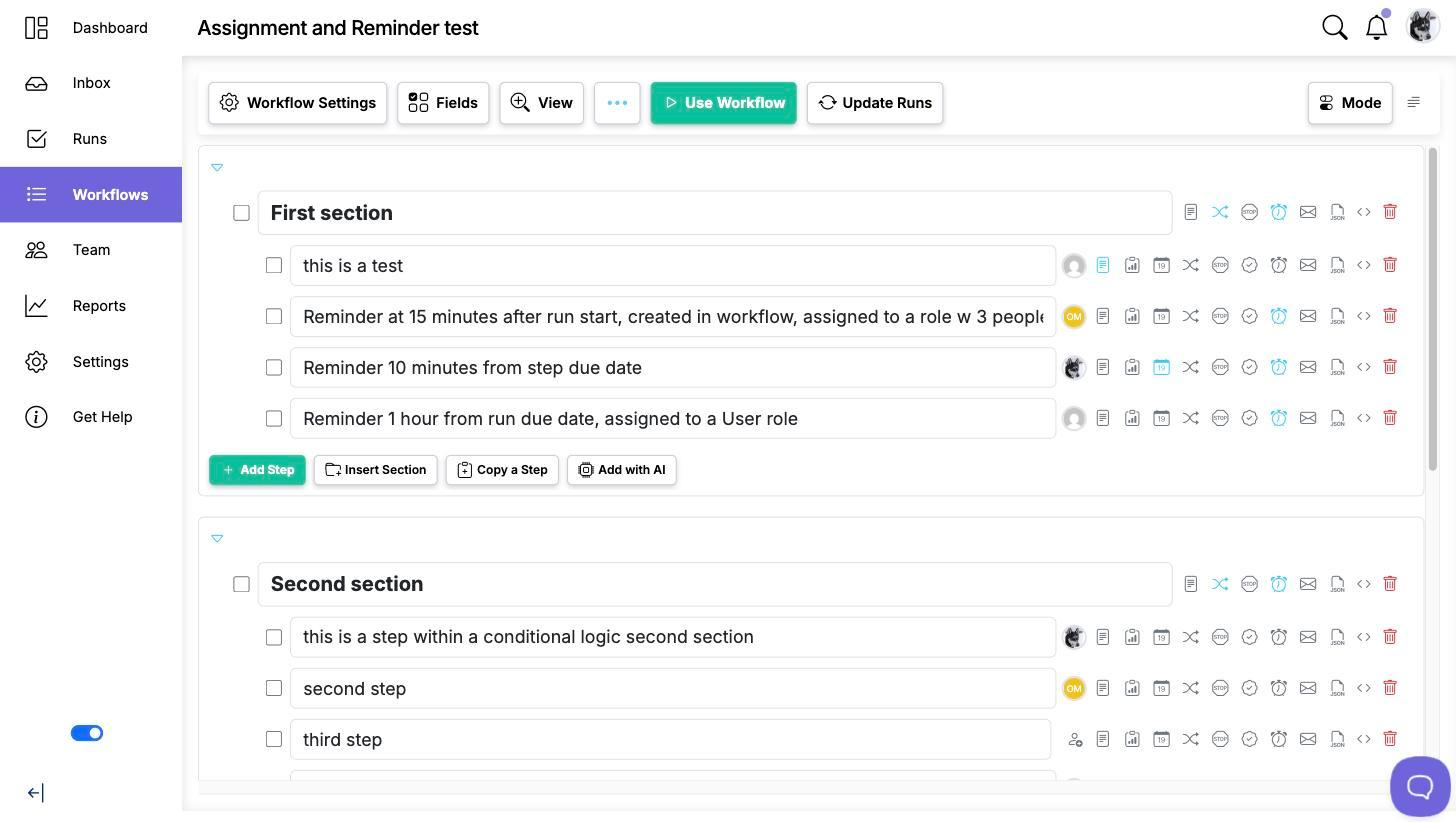 A workflow section in the editor with its button row underneath: Add Step, Insert Section, Copy a Step and Add with AI