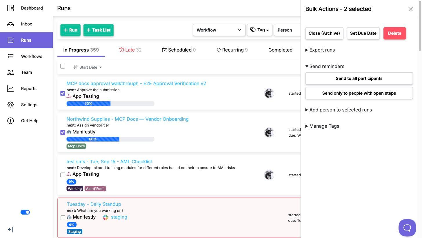 The Bulk Actions panel with Send reminders expanded, showing the Send to all participants and Send only to people with open steps buttons