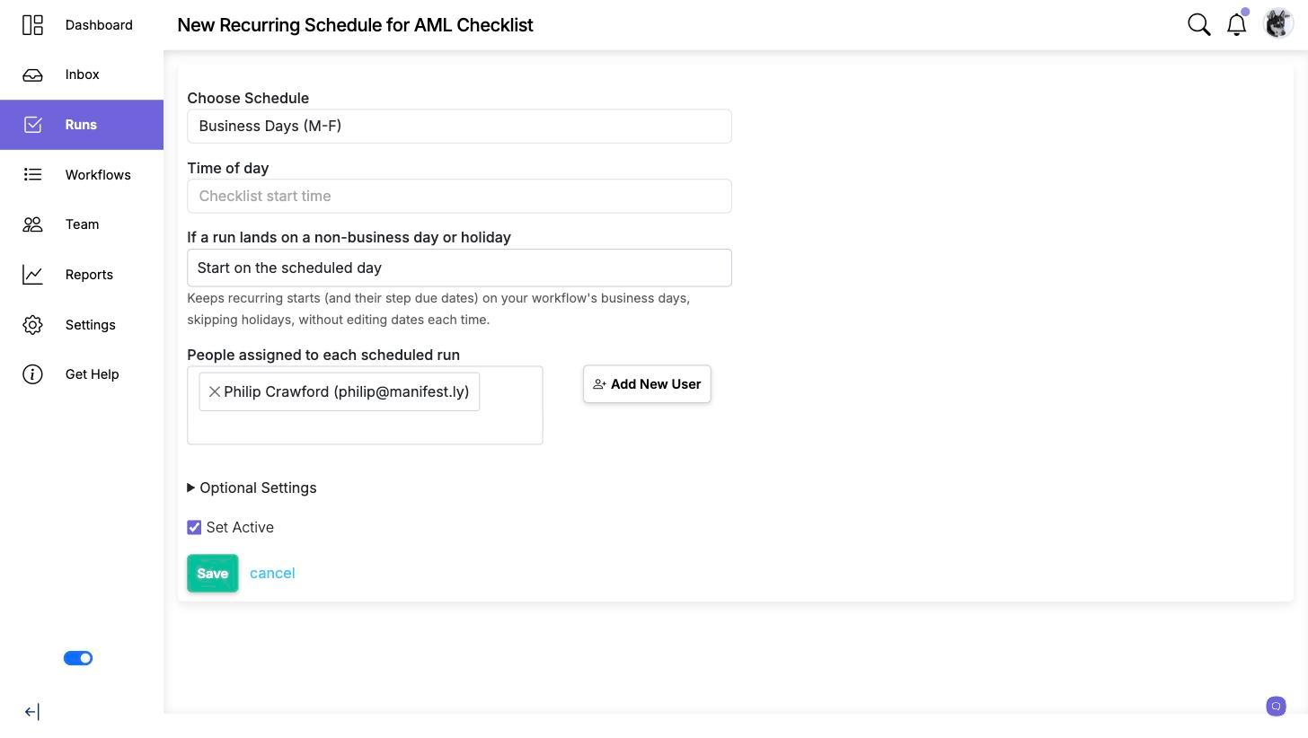 The New Recurring Schedule form showing Choose Schedule set to Business Days (M-F), Time of day, the non-business-day rule, People assigned to each scheduled run, and Set Active
