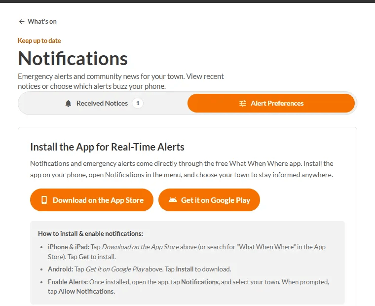 The notifications page in a web browser, pointing to the App Store and Google Play