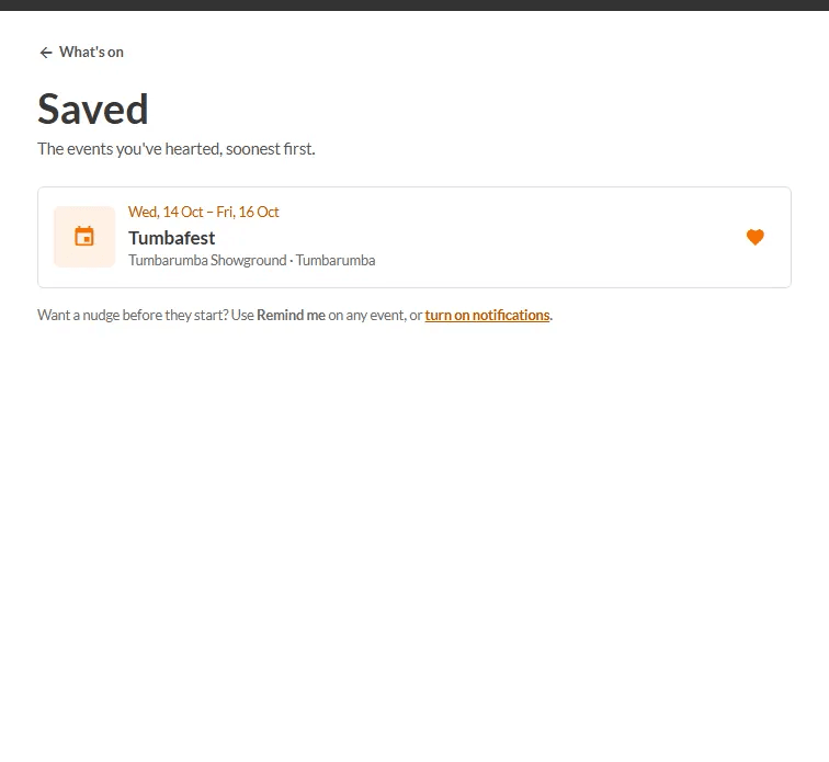 The Saved page listing events you have hearted
