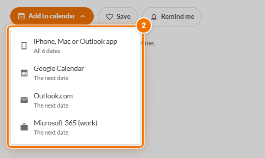 The Add to calendar menu: iPhone, Mac or Outlook app; Google Calendar; Outlook.com; Microsoft 365