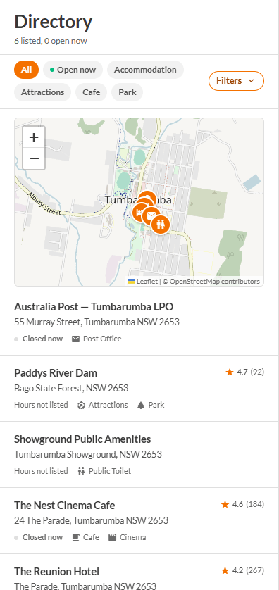 The Directory column with category chips, a map and listings