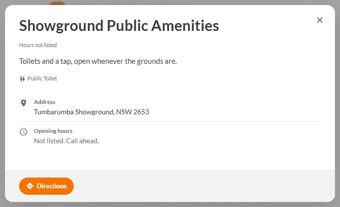 A listing for public amenities showing the address and Directions button