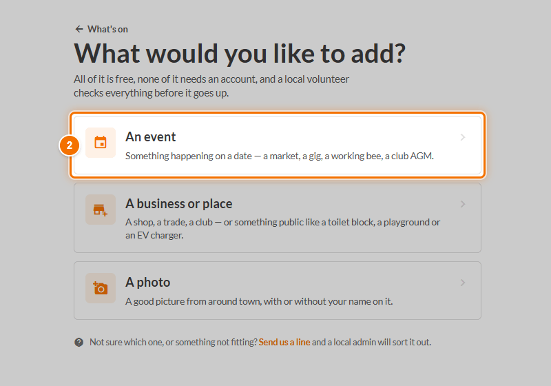 What would you like to add? An event, A business or place, or A photo