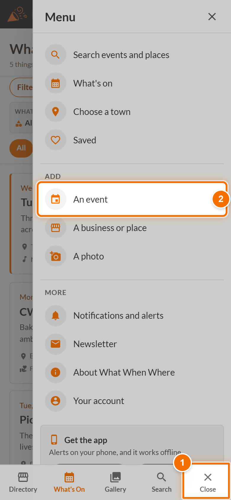 The phone menu: Menu changes to Close, and An event is under Add