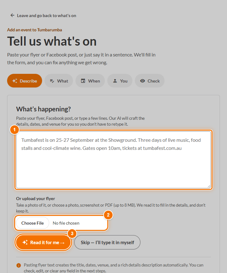 The Describe step: the text box (1), the flyer upload (2) and Read it for me (3)