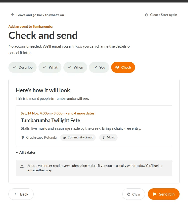 The Check step showing how the event will look