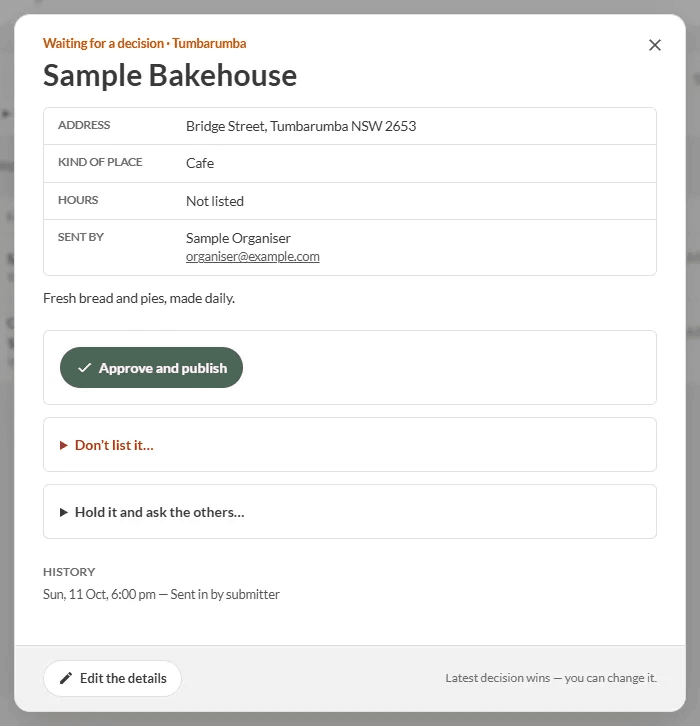 A listing open in the admin, with Edit the details