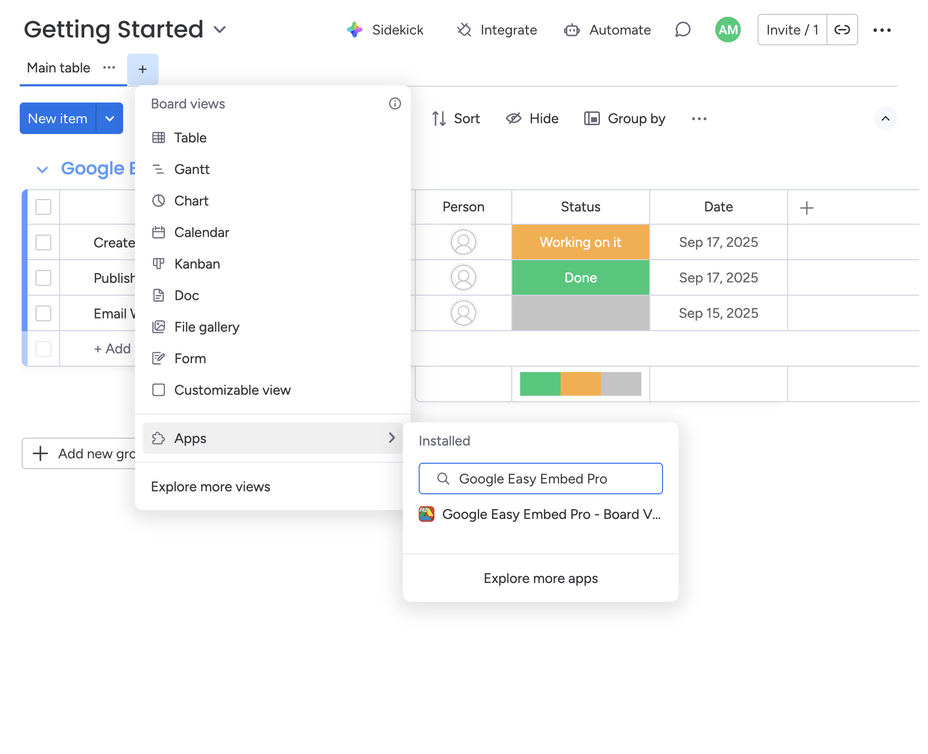Add Google Easy Embed Pro as a board view