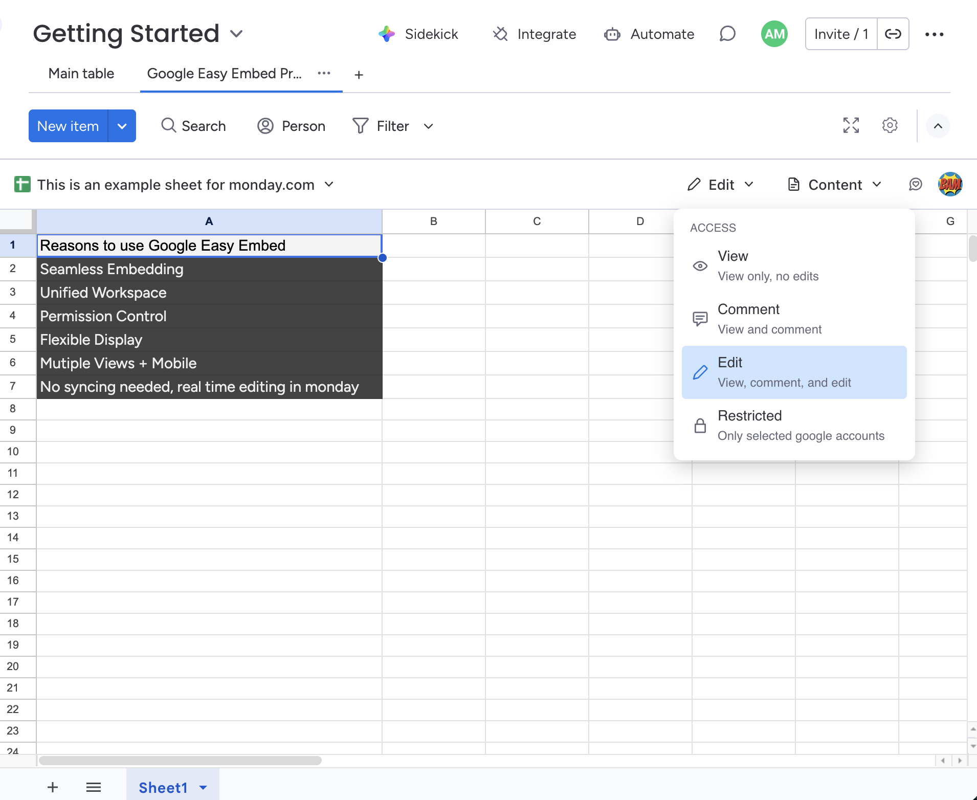 Access mode dropdown