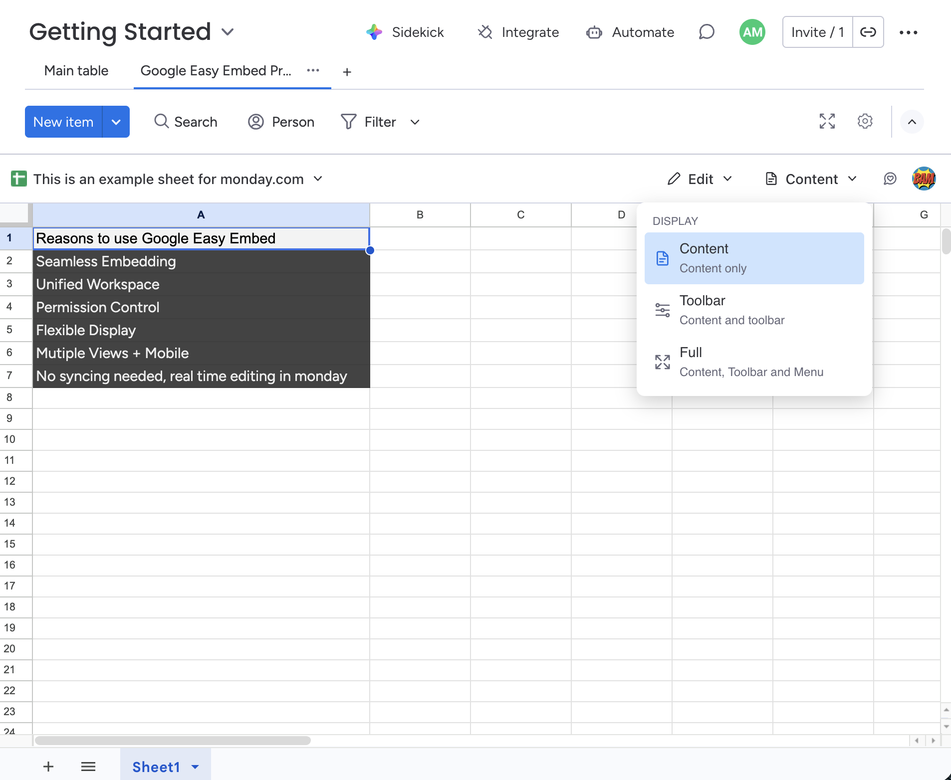 Display mode dropdown