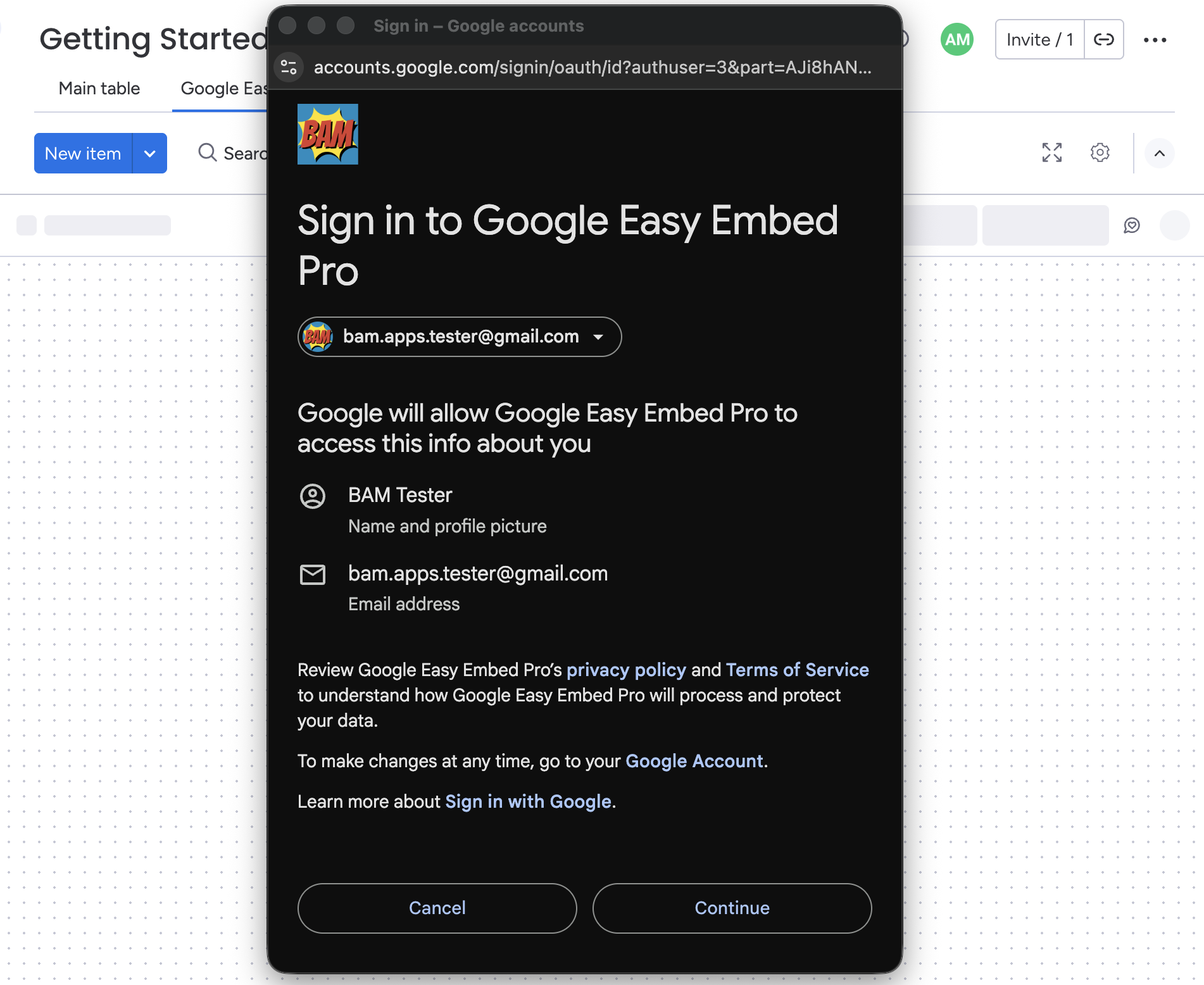 Google sign-in popup