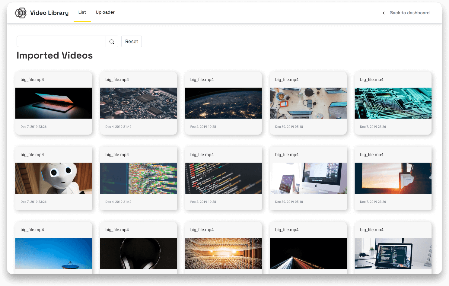Library list view showing uploaded videos