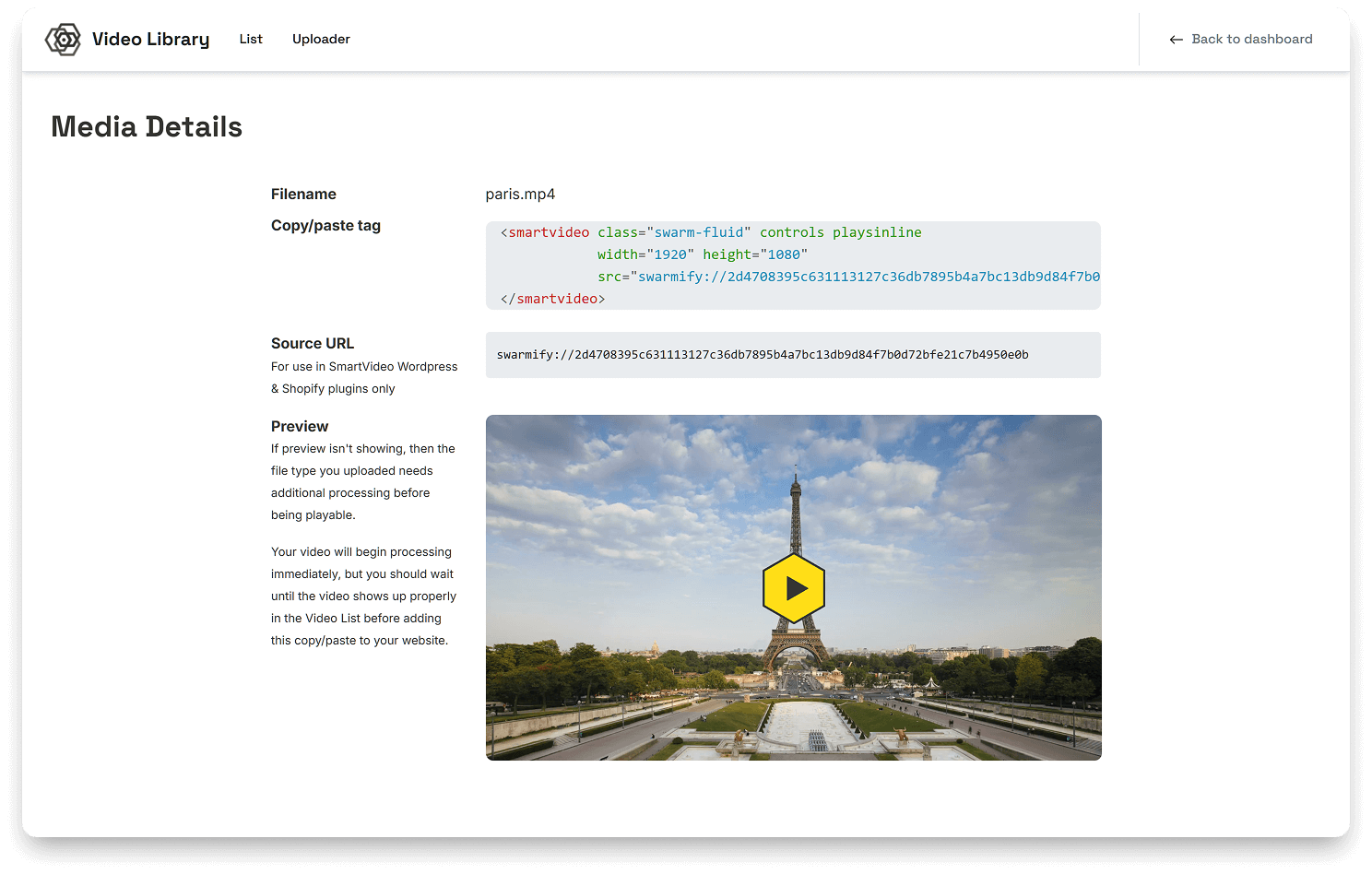 Media Details view showing SmartVideo tag and source URL