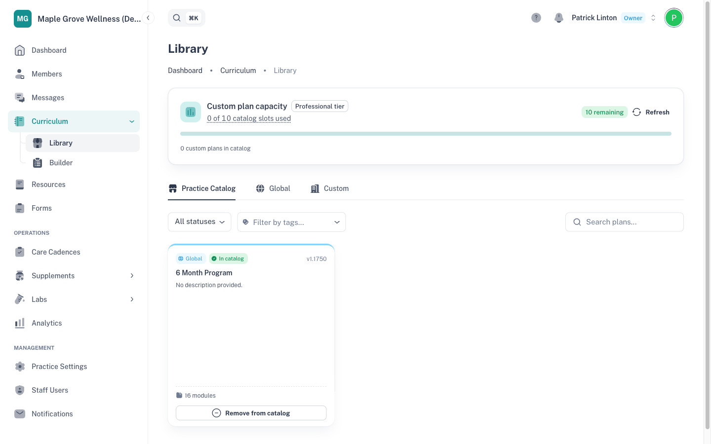 The Library with the Custom plan capacity card and the Practice Catalog, Global and Custom tabs