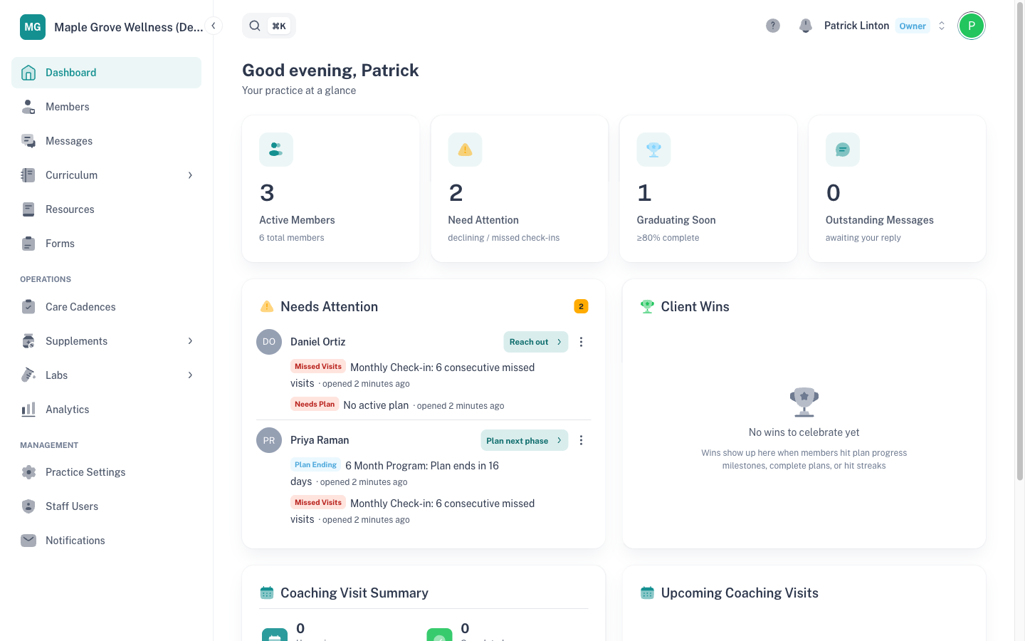 The full practice dashboard, with the stat cards, Needs Attention, Client Wins and the two coaching cards