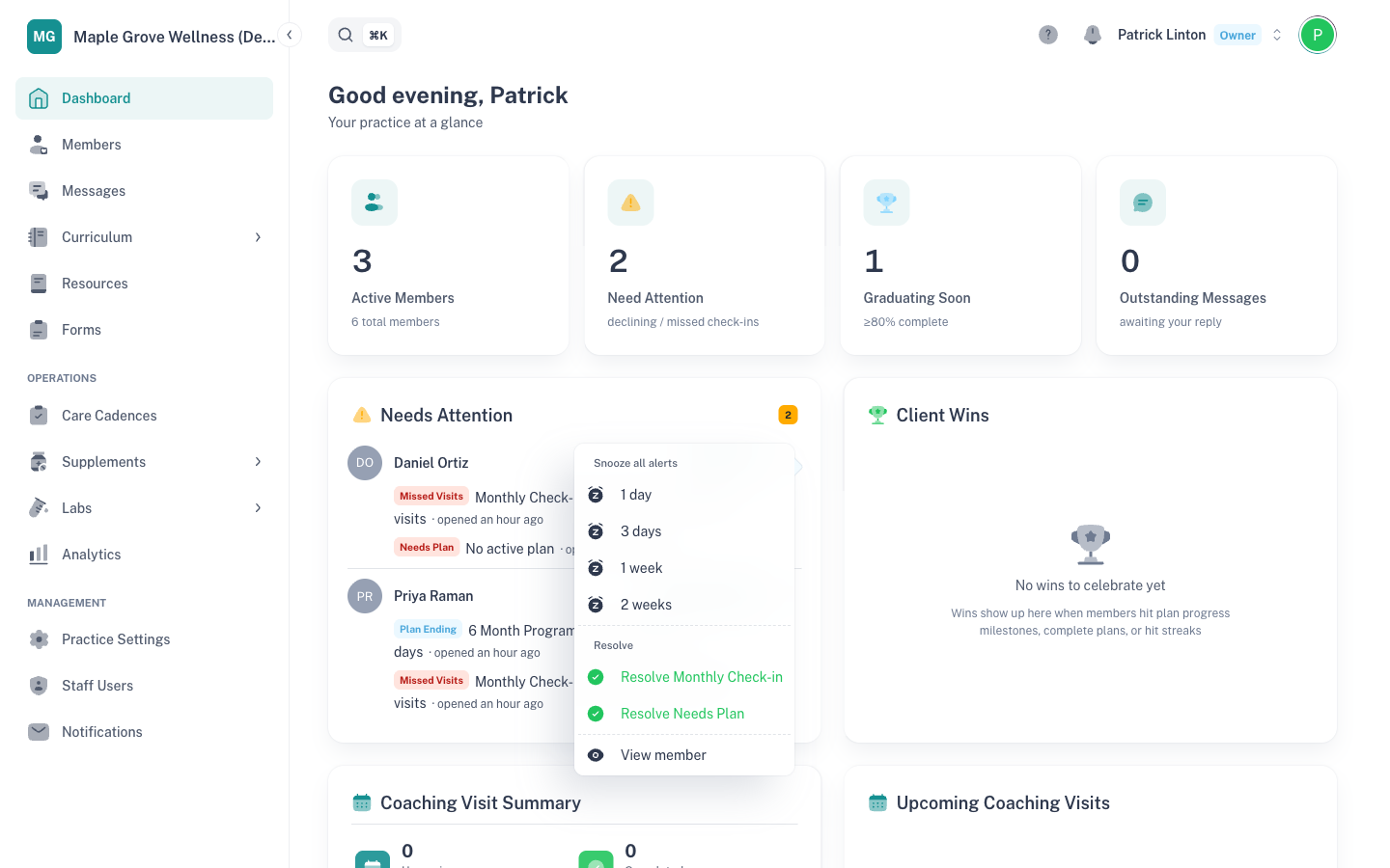 The Needs Attention card with an alert's ⋮ menu open, showing the snooze options