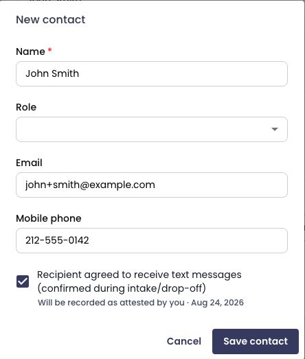 New contact form with mobile phone input and attestation checkbox