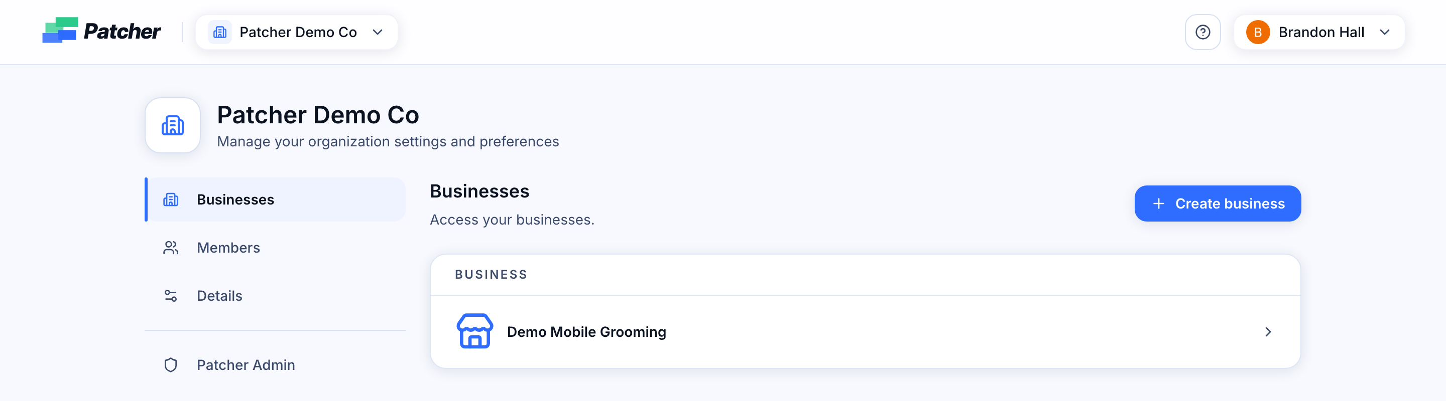 Patcher Demo Co Businesses tab with the Create business button