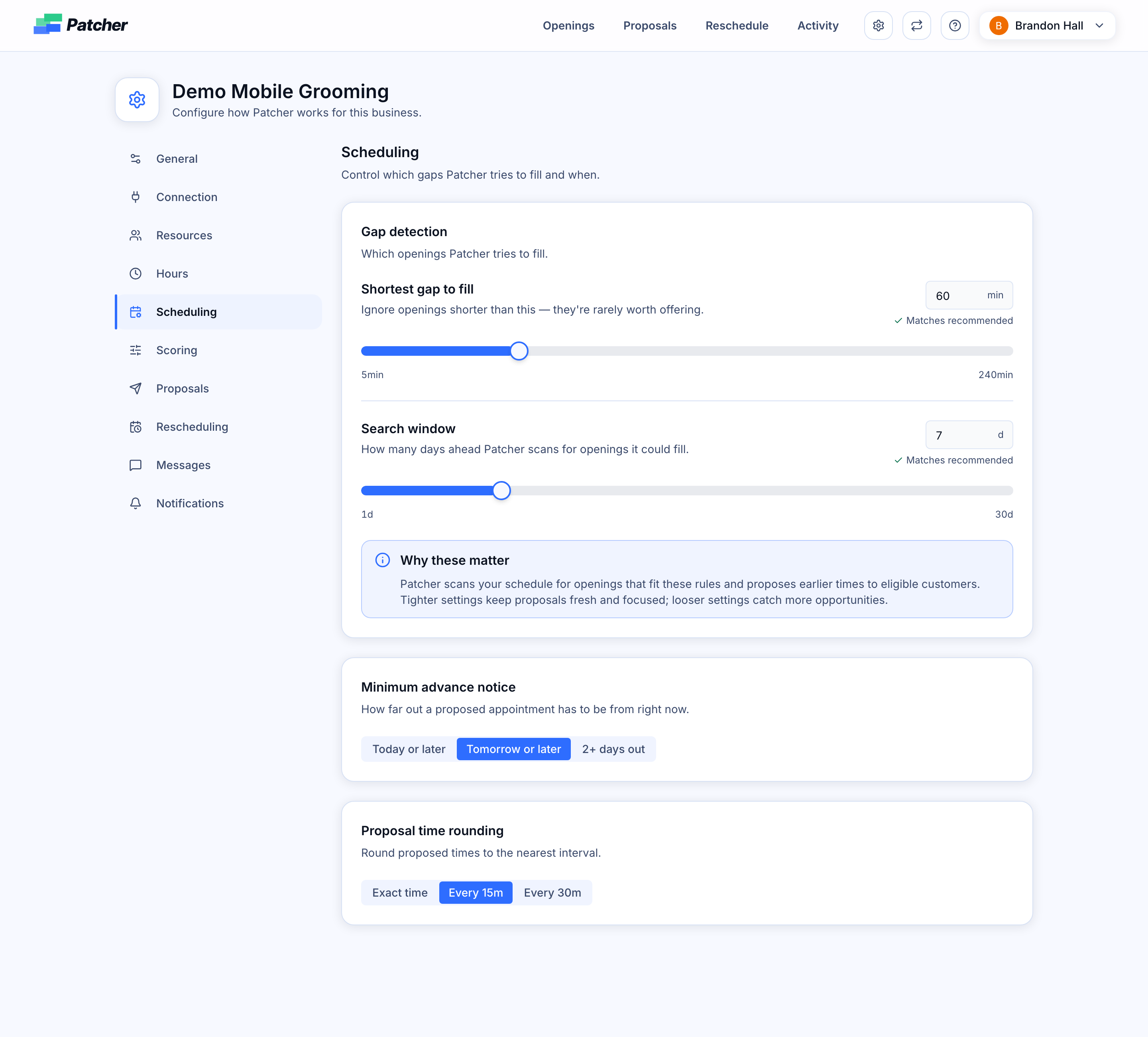 Scheduling settings page with Gap detection, Minimum advance notice, and Proposal time rounding cards