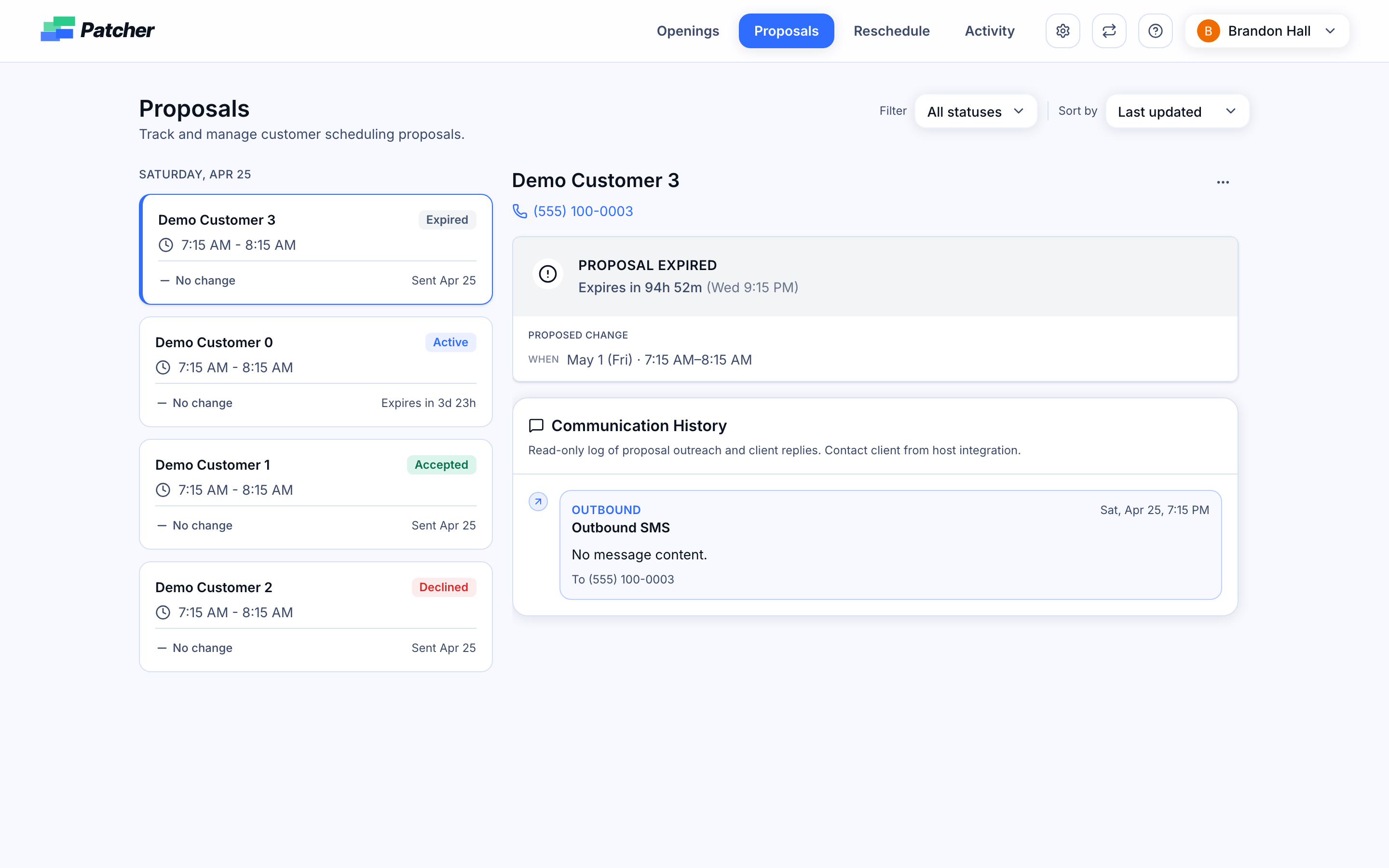 Proposals page split list and detail view