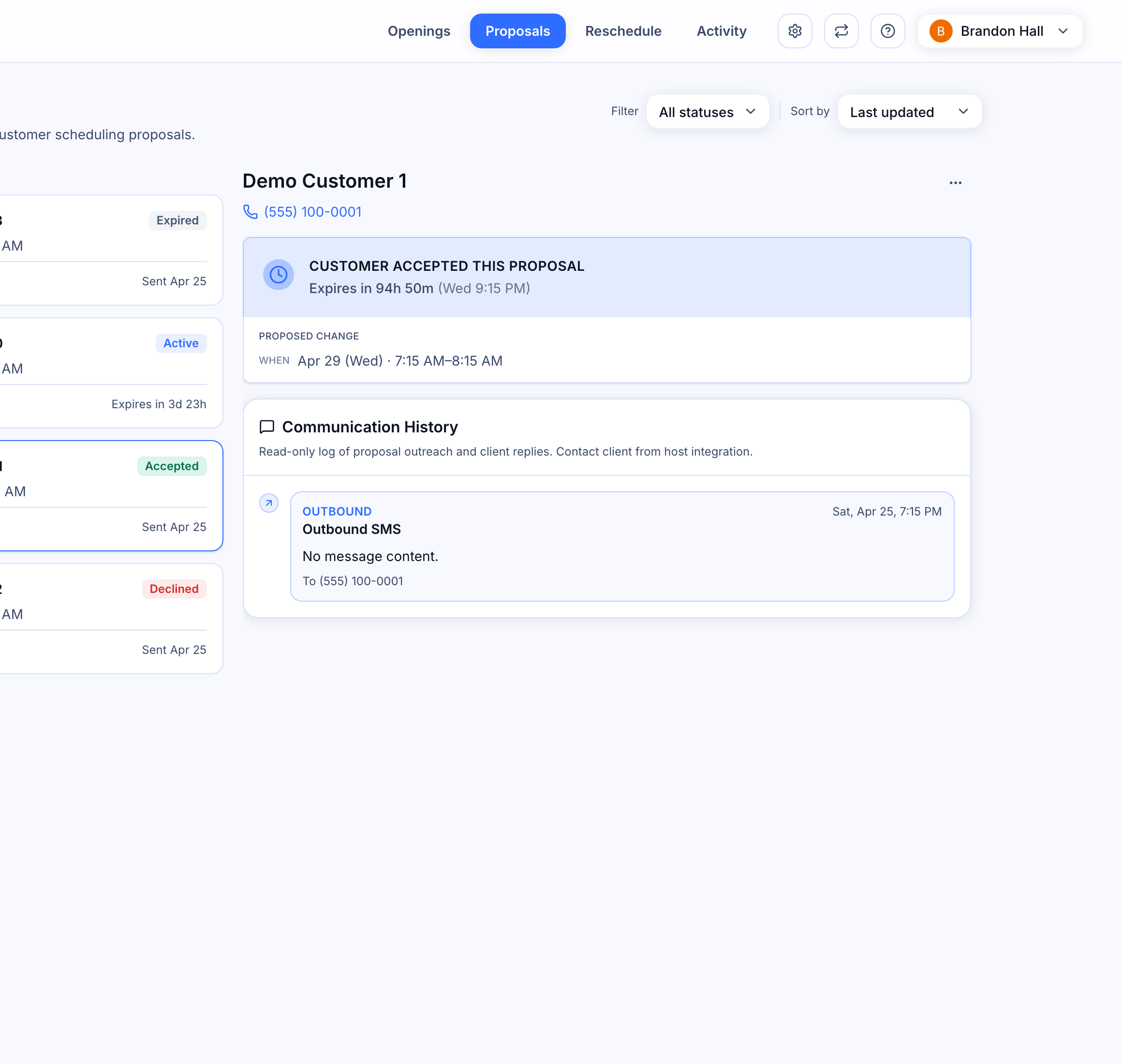 Proposal detail view with Communication History timeline