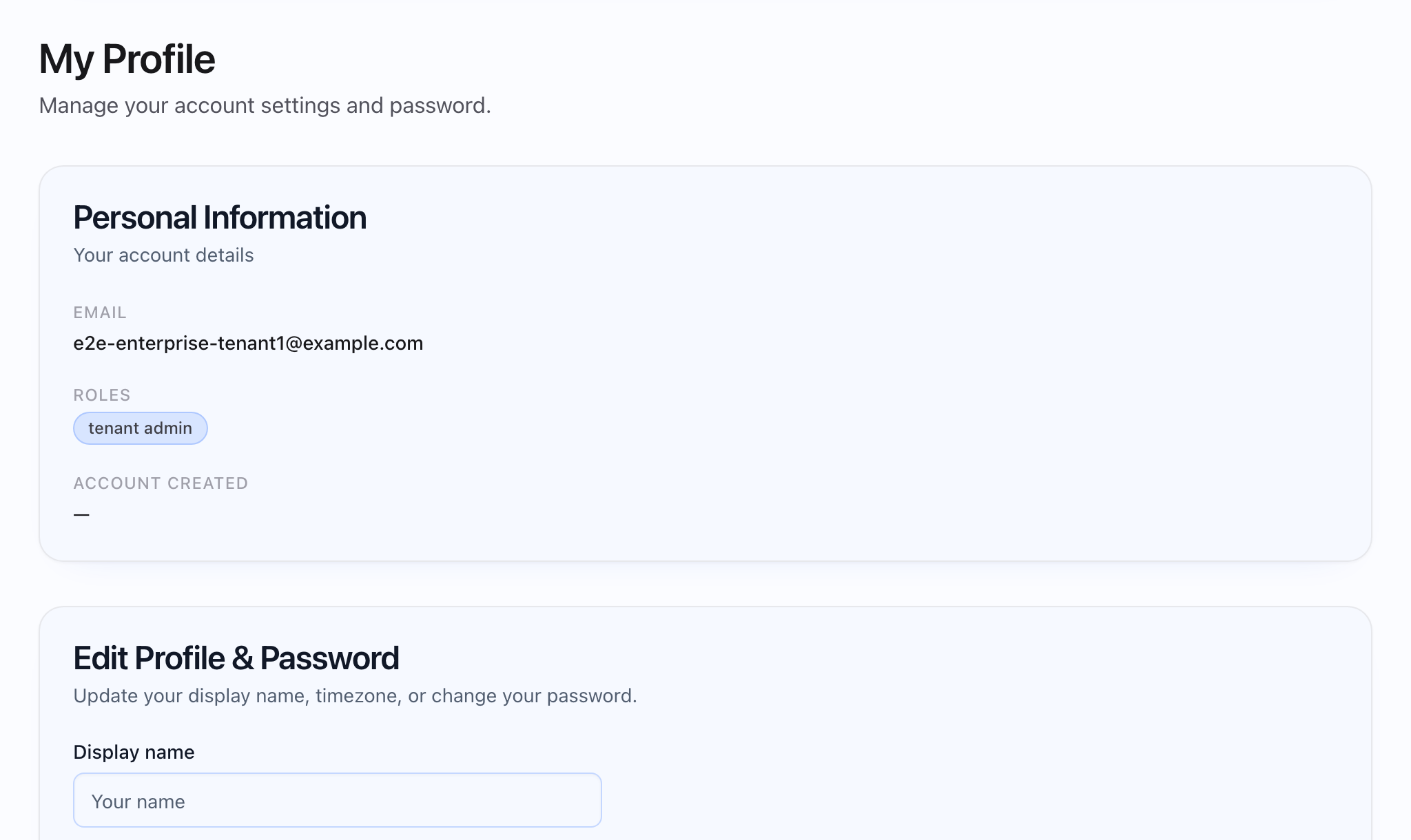 My Profile page showing account settings and timezone.