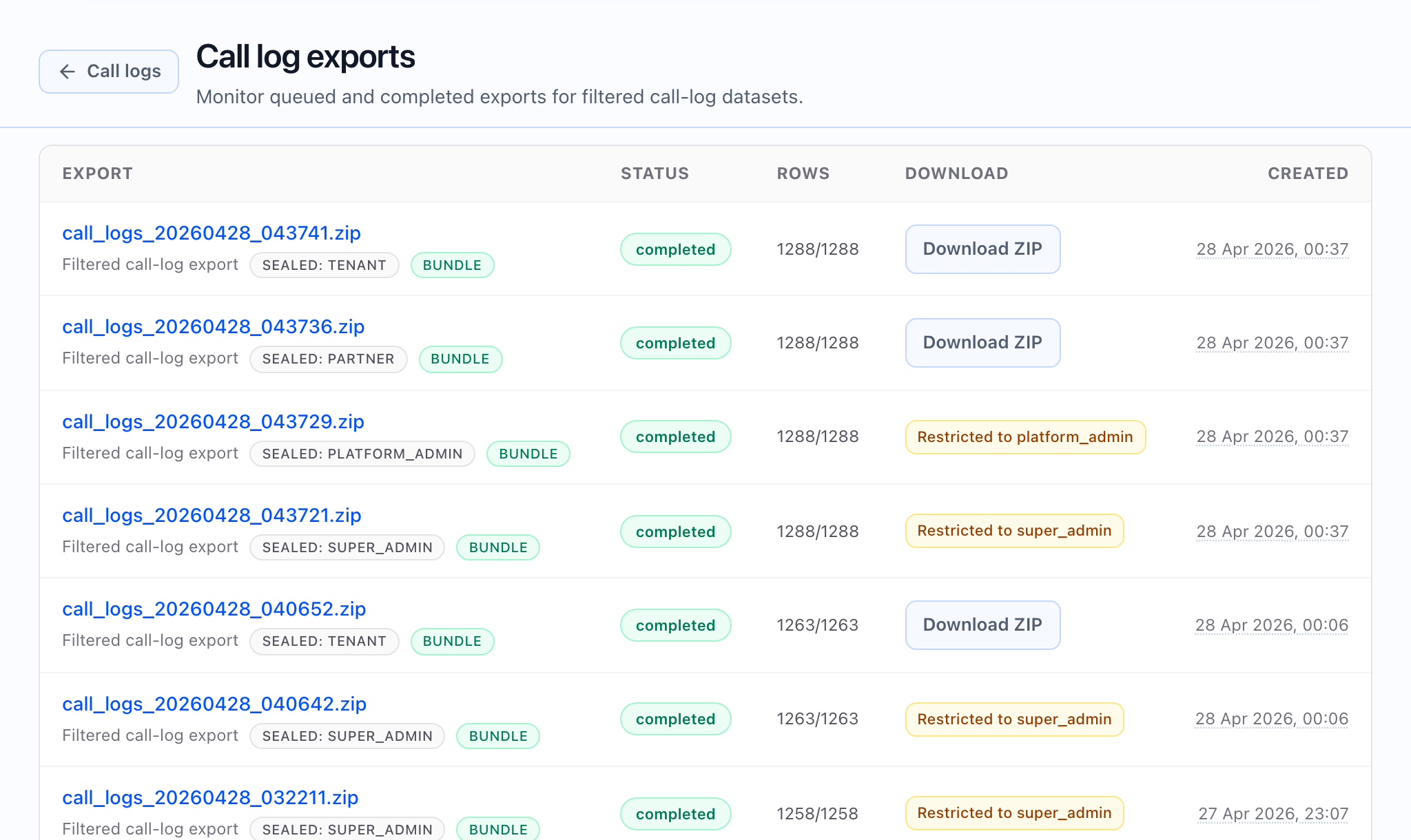 Call log CSV export and history in Callaro.