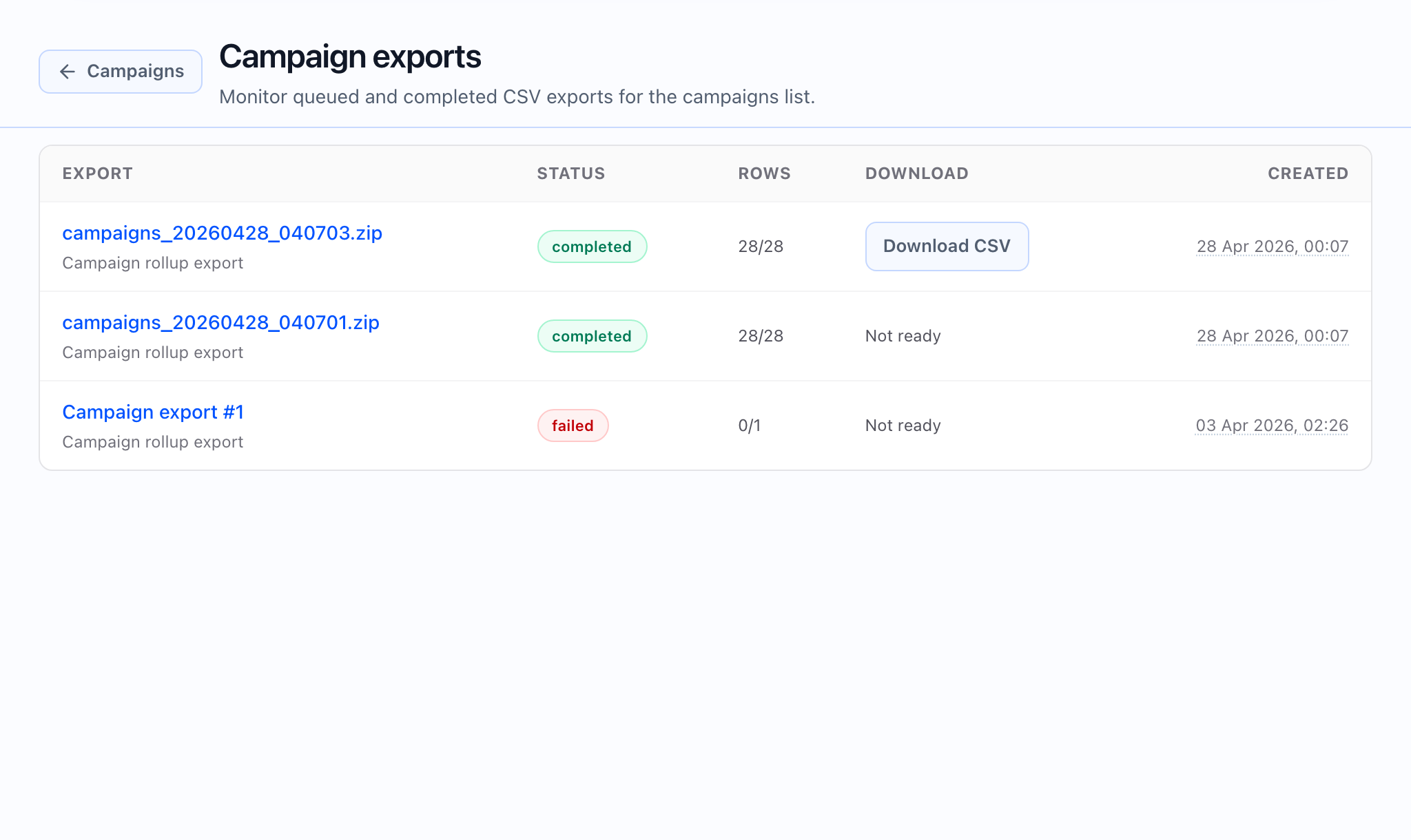 Reports export page in Callaro.