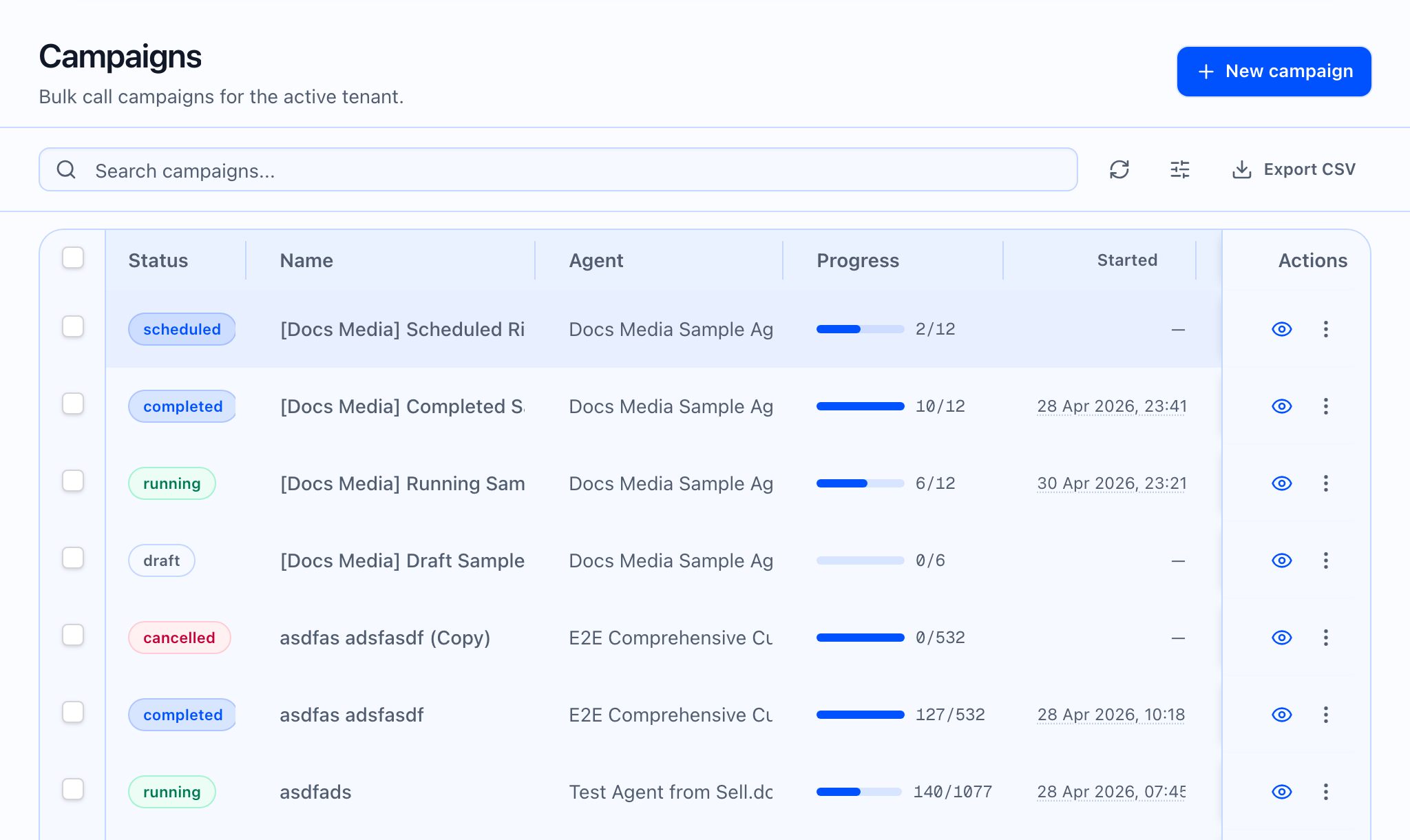 Campaigns list with search, table of campaigns, and New campaign.