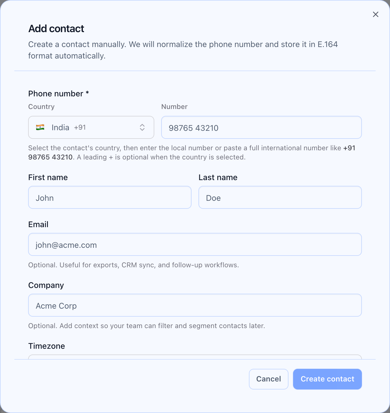 Add contact dialog with fields and custom fields.