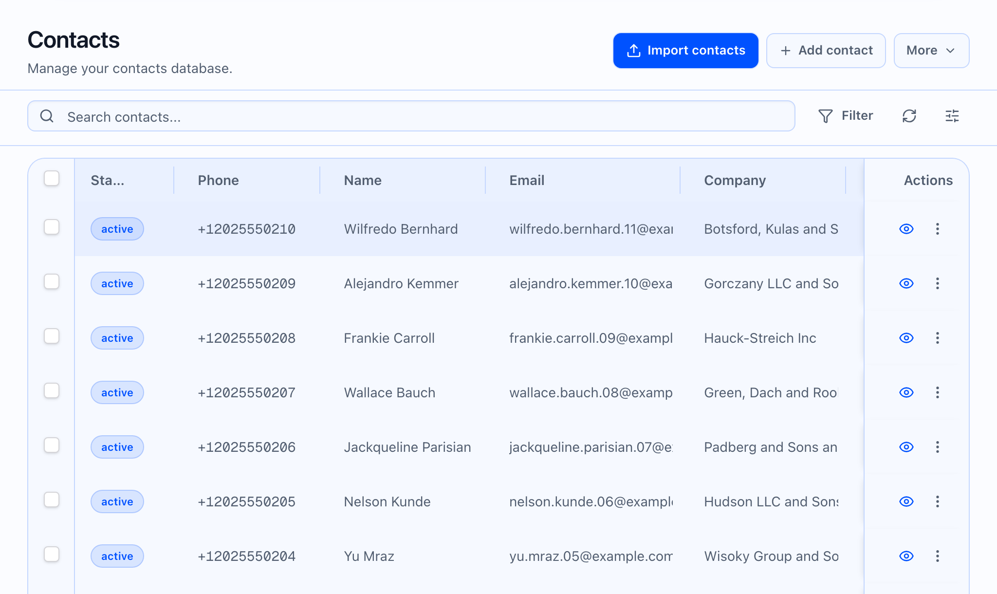 Contacts list page with search and actions.