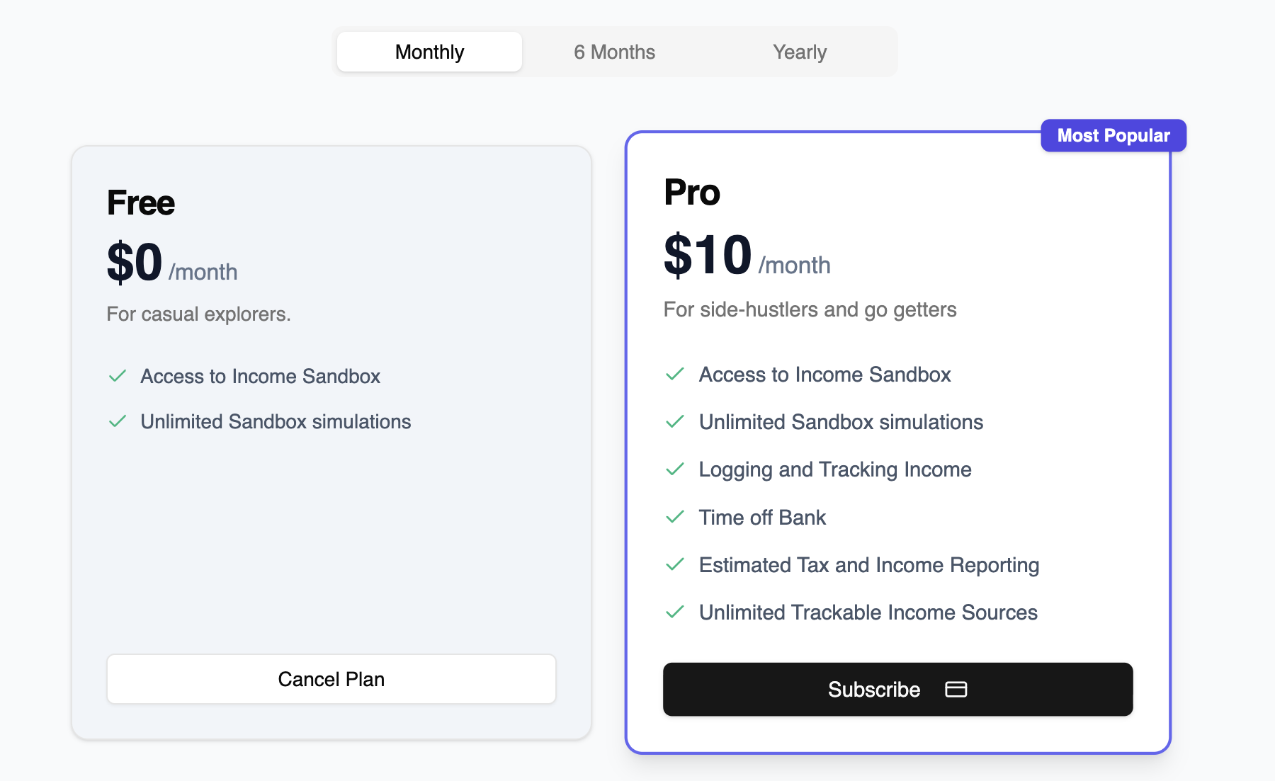 image showing two plan options - Free and Pro. Free is $0/month and Pro is $10/month