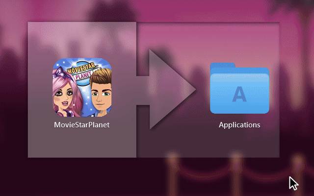 Animation: the MovieStarPlanet icon is dragged across the arrow onto the Applications folder in the installer window.