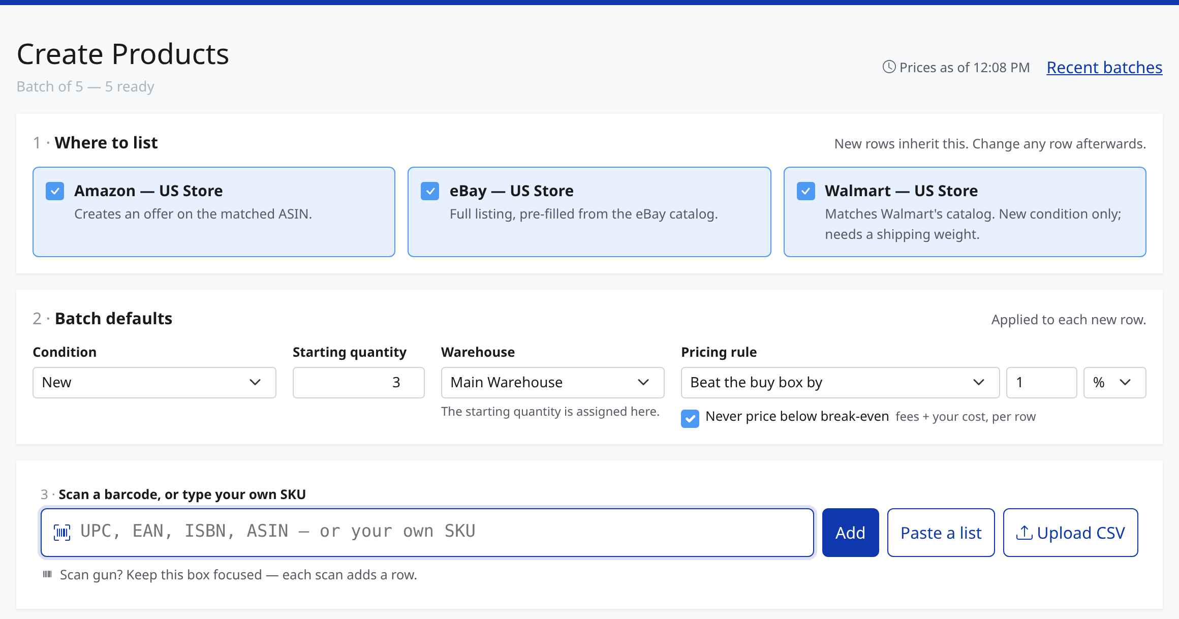 The Create Products screen: where to list, batch defaults, and the scan box