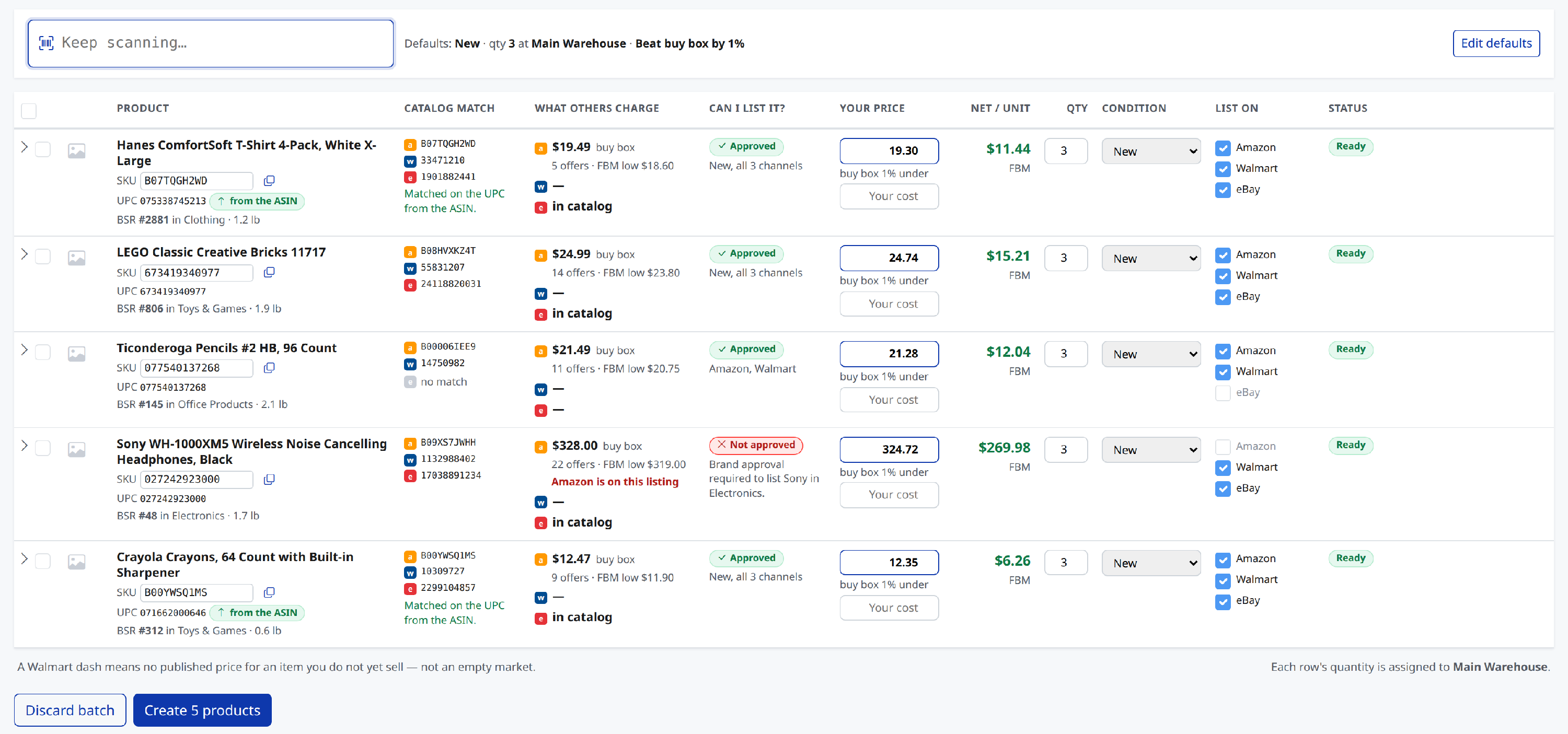 Scanned rows in Create Products, showing catalog match, competitor prices, approval, price and channels