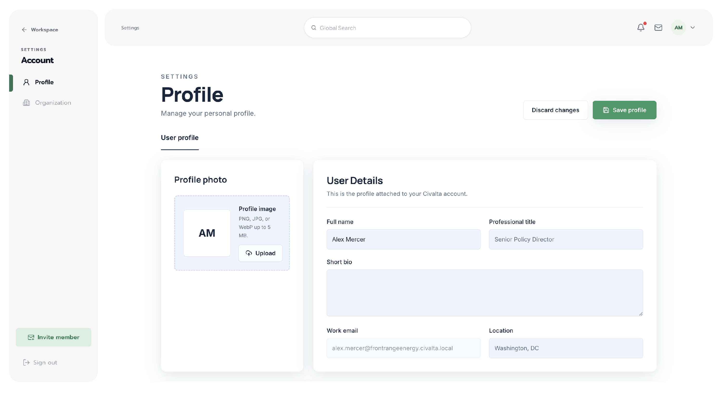 Civalta Profile settings showing the User profile tab with a profile image upload and fields for full name, professional title, short bio, work email, and location