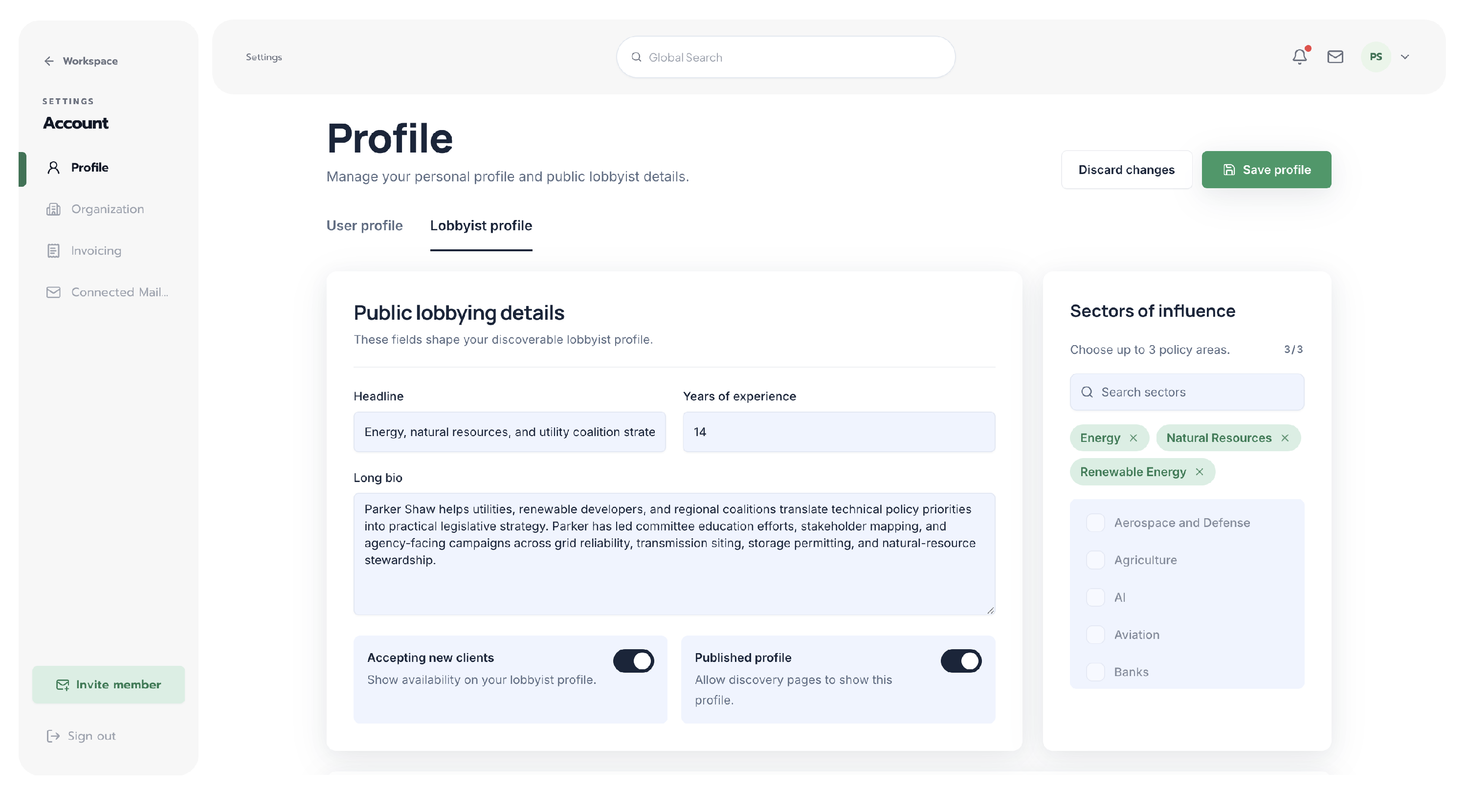 Civalta Lobbyist profile tab showing public lobbying details, headline, years of experience, long bio, accepting new clients and published profile toggles, and sectors of influence