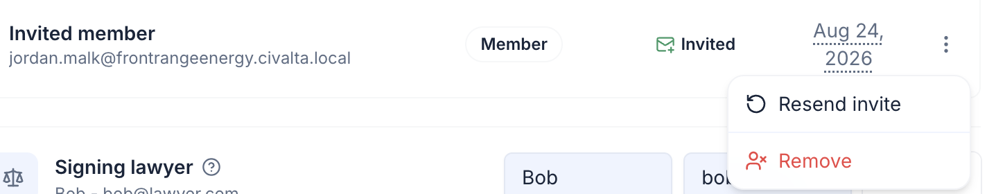 A pending Civalta member invitation with the three-dot menu open, showing Resend invite and Remove actions