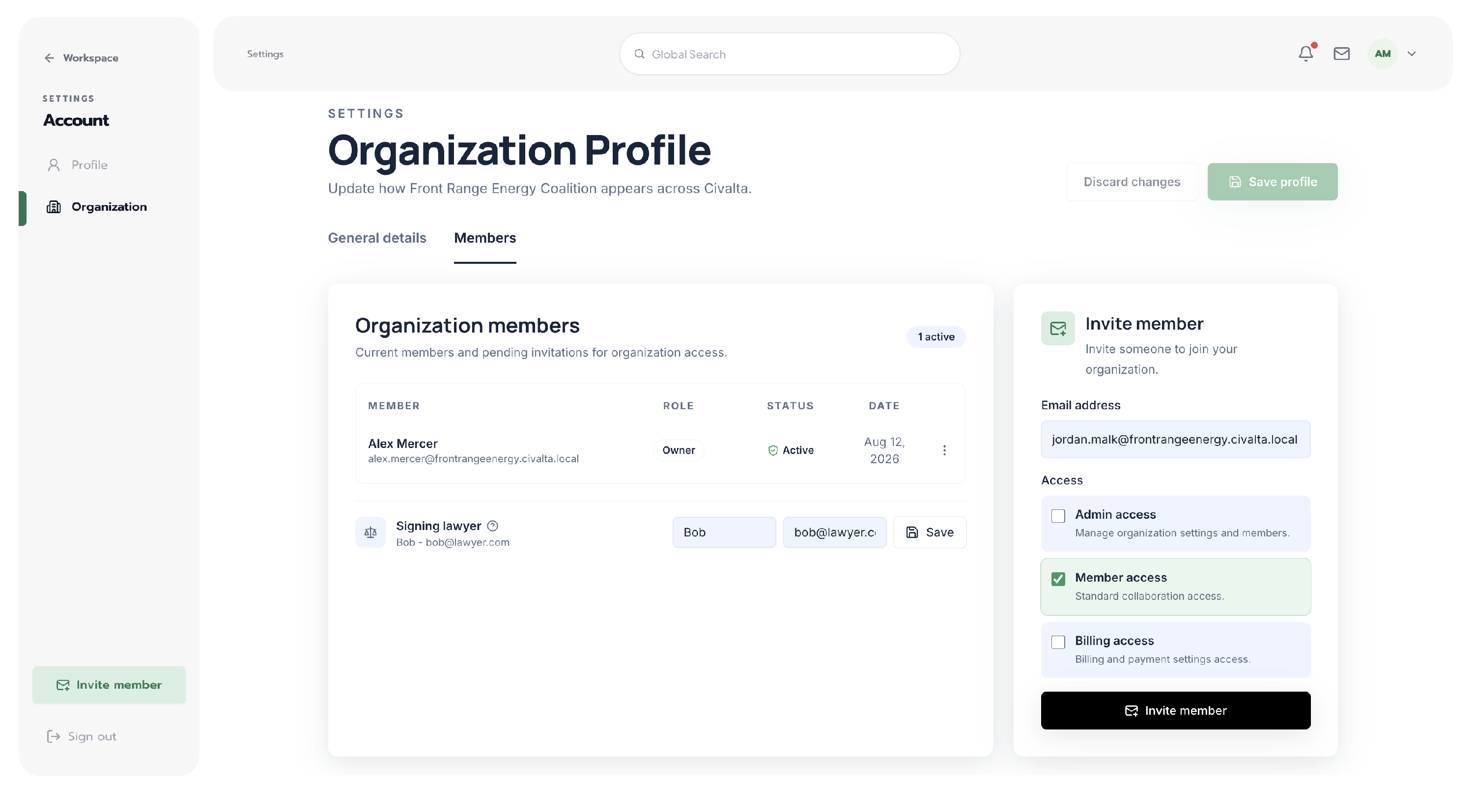 Civalta Organization settings on the Members tab, showing the organization member list and Invite member panel with an email address and access-role choices