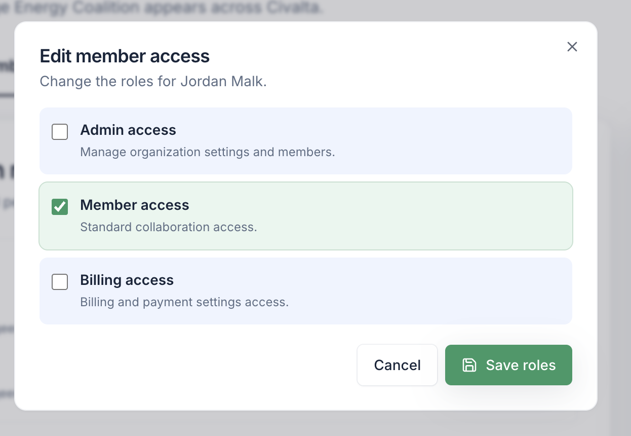 Civalta Edit member access window showing Admin access, Member access, and Billing access role choices with a Save roles button