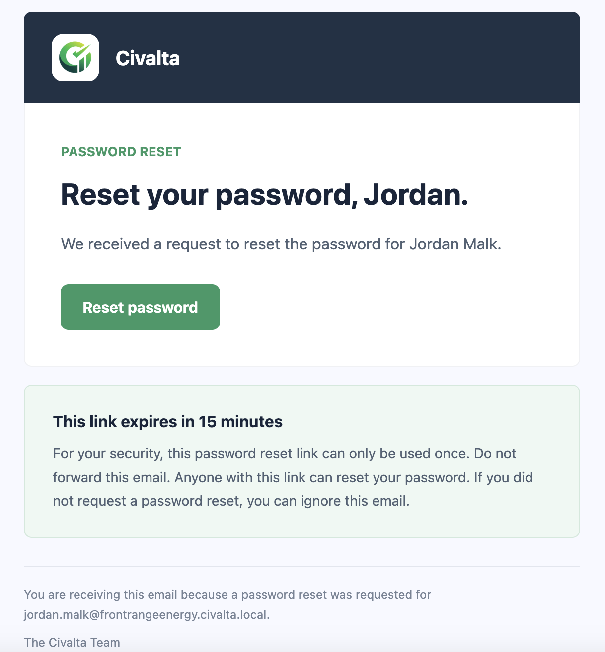 Civalta password-reset email with the Reset password button